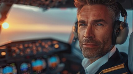 Flight Deck Focus: The airline pilot, in uniform, sits at the cockpit controls, hands on the throttle, intently checking instruments and preparing for departure.
