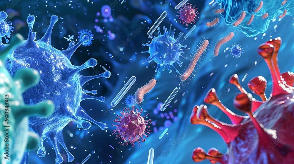 Poster microscopic of various viruses and bacteria, showcasing their intricate structures and highlighting 