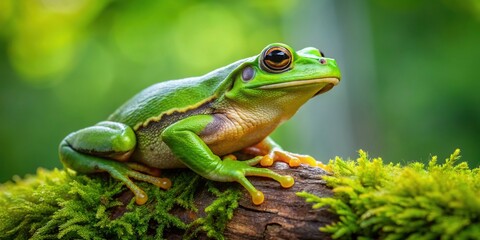 Fototapeta premium A vibrant American green tree frog, Lithobates clamitans, perches on a moss-covered log, Its bright green skin blending seamlessly into the lush forest surroundings.