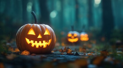 Obraz premium Spooky carved pumpkins glowing in a misty forest during Halloween night, surrounded by fallen leaves and shadows, 3d illustration.