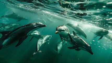 Fototapeta premium Pod of dolphins swimming in the ocean, captured from underwater with sunlight streaming through the water.