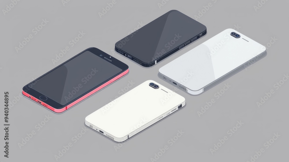 Poster isometric smartphone set collection displaying different angles including left, right, front, and to