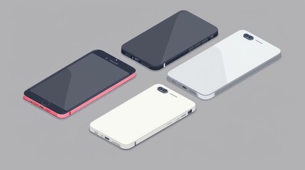 Isometric smartphone set collection displaying different angles including left, right, front, and top views in a realistic 3d render – ideal for mobile technology, app mockups, and user interface desi