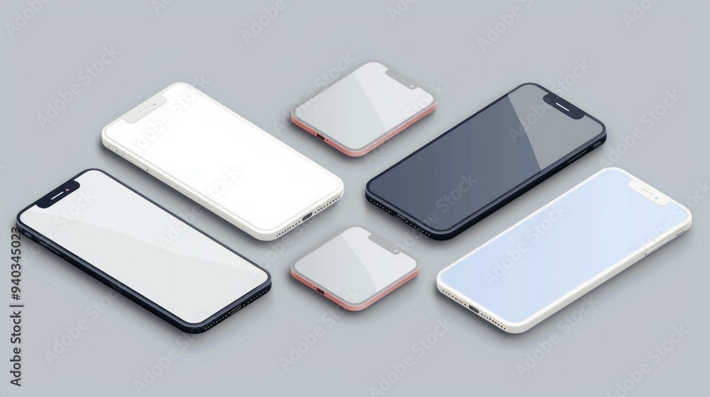 Poster isometric smartphone set collection displaying different angles including left, right, front, and to