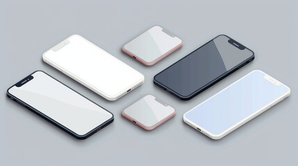 Isometric smartphone set collection displaying different angles including left, right, front, and top views in a realistic 3d render – ideal for mobile technology, app mockups, and user interface desi