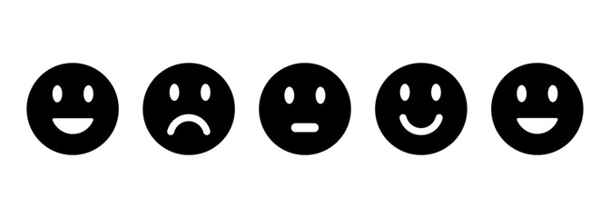 emoji icons, emoji, emoji icon, rating emoji set in black, feedback emoticons collection, very happy, happy, bad and very bad emoji, sad and very sad emoji