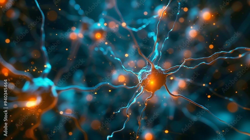 Poster close-up microscopic view of a neuron cell, showcasing its intricate structure and glowing connectio