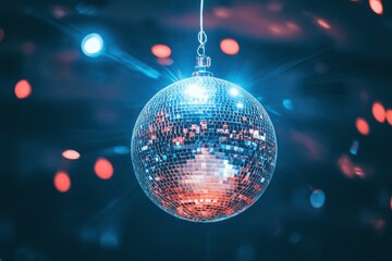 Obraz premium disco ball with mirror surface and bright rays, hanging on ceiling, night party background , ai