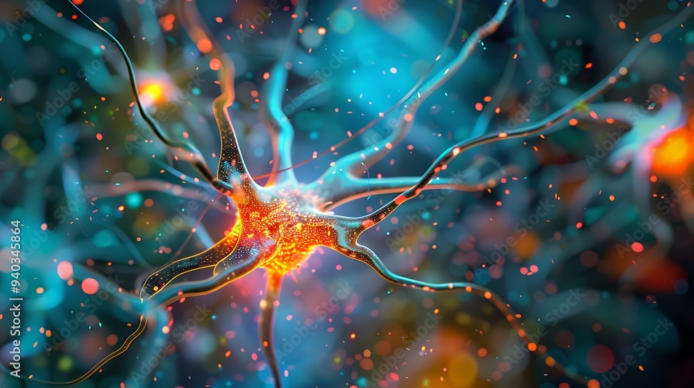 Aufkleber microscopic of a neuron, highlighting the intricate network of connections and the cellular structur