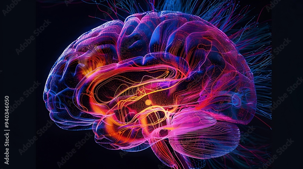 Poster human brain with neural network and abstract lines in vibrant colors depicts the complexity and inte