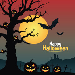 Flat Halloween background with scary flying Bat and Pumpkin