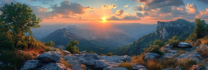 Obraz premium Breathtaking Sunset Panorama Over Dramatic Mountain Landscape in Peaceful Serenity