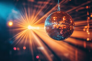 Obraz premium disco ball with mirror surface and bright rays, hanging on ceiling, night party background , ai
