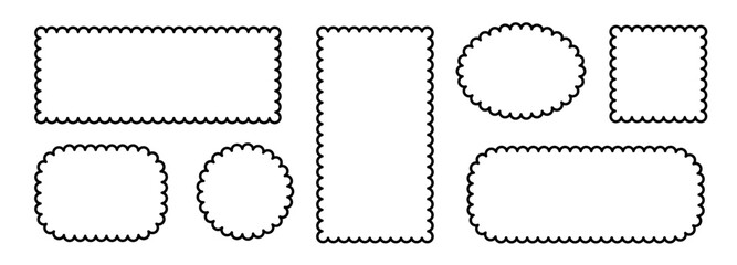 Border frame scallop edge rectangle, oval, round vector shape. Wave scallop squiggle cute simple rectangle border set. Simple wavy squiggly line retro photo picture frame. Vector illustration