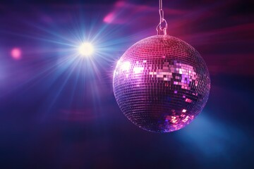 Obraz premium disco ball with mirror surface and bright rays, hanging on ceiling, night party background , ai
