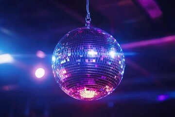 Obraz premium disco ball with mirror surface and bright rays, hanging on ceiling, night party background , ai