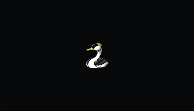 recommend clip art: "Eared Grebe Logo, Minimalist Vector Design, Black and Golden Feathers, Red Eyes, Slender Body, White Outline, Black Background