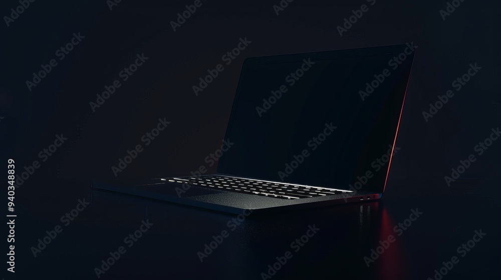 Poster modern laptop computer with dark screen and colorful light reflections on a desk - high-tech workspa