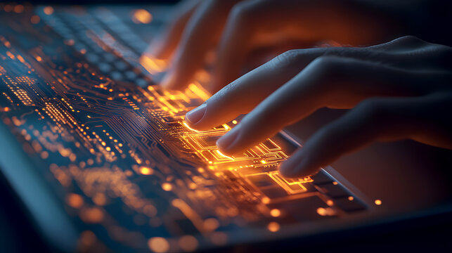 Glowing Circuit Board Overlay/ The software engineer's hand is shown typing on a laptop, with a glowing circuit board overlaying the image. The circuit board's light pulses in sync with the keystrokes