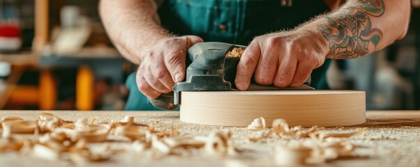 A craftsman works on wood using a sander in a workshop, showcasing skillful craftsmanship and attention to detail.