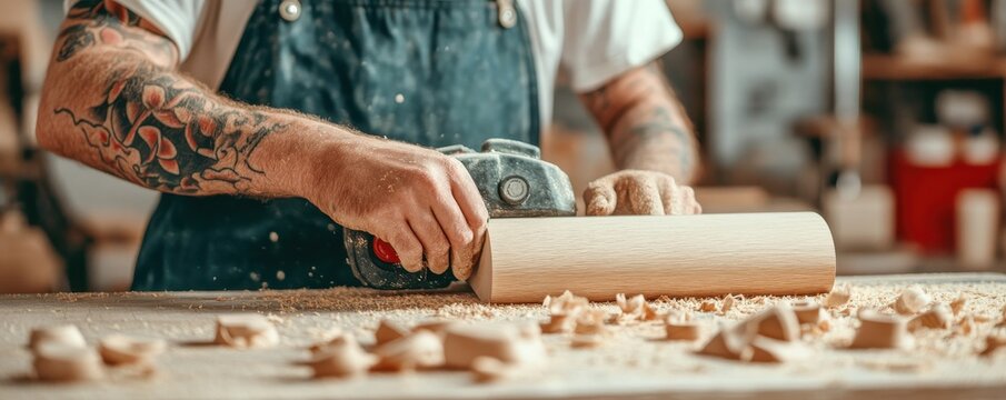 A craftsman uses a wood planer on a workspace filled with wood shavings, showcasing skilled craftsmanship and artistry in woodworking.