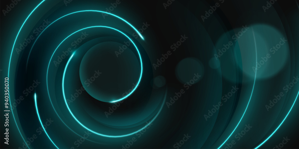 Poster dark abstract background with circular neon light glow flare line and bokeh effect. futuristic energ