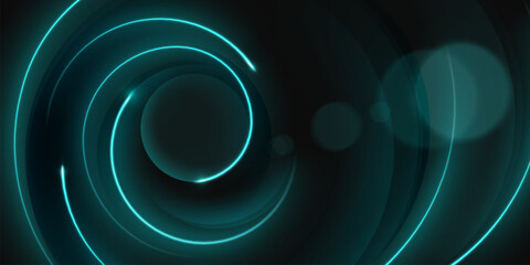 Dark abstract background with circular neon light glow flare line and bokeh effect. futuristic energy sphere with round sparkle. Realistic 3d vector black bg with turquoise luminous motion spiral.