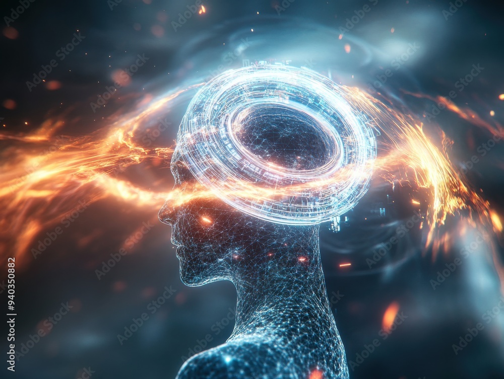 Poster a futuristic representation of artificial intelligence with glowing circuits and a digital head, sym
