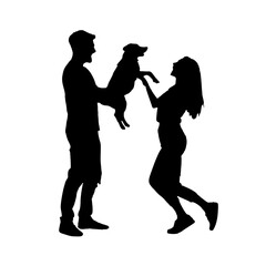 silhouettes of  couple plying with dog