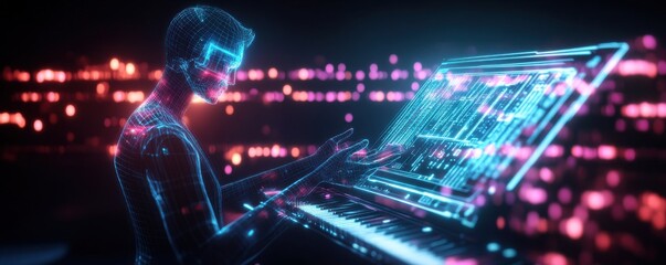 Obraz premium A futuristic musician interacts with a holographic keyboard, blending technology and creativity in a vibrant environment.