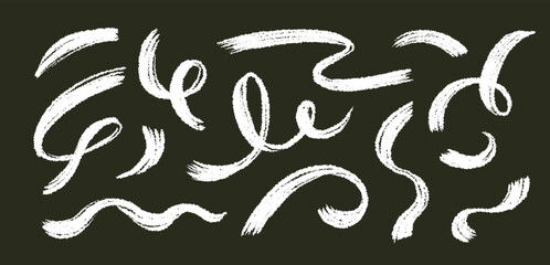 Fototapeta premium Brush line stroke squiggly paint set on chalkboard. Hand drawn doodle swirl wave brush curly charcoal stroke. Line squiggly paint curly hand drawn ink calligraphy elements. Vector illustration.