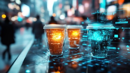 A futuristic scene featuring glowing coffee cups on a busy city street, blending technology with daily life.