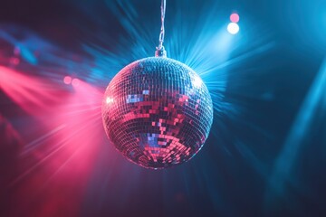 Obraz premium disco ball with mirror surface and bright rays, hanging on ceiling, night party background , ai