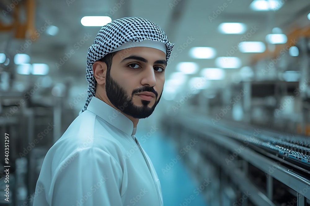 Aufkleber man in a white thobe and a keffiyeh standing in a factory - realistic image