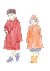 レインコートを着た男の子達のイラスト