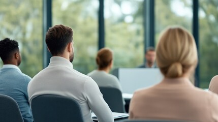 Fototapeta premium A group of individuals attentively listening to a speaker during a professional presentation in a modern conference room.