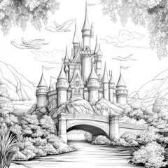 Fototapeta premium Majestic Castle Illustration with Bridge and Birds
