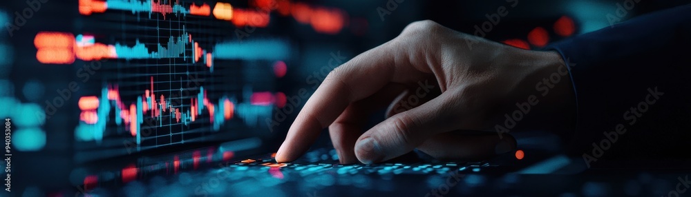 Poster a close-up of a hand interacting with a digital interface displaying financial data and analytics me