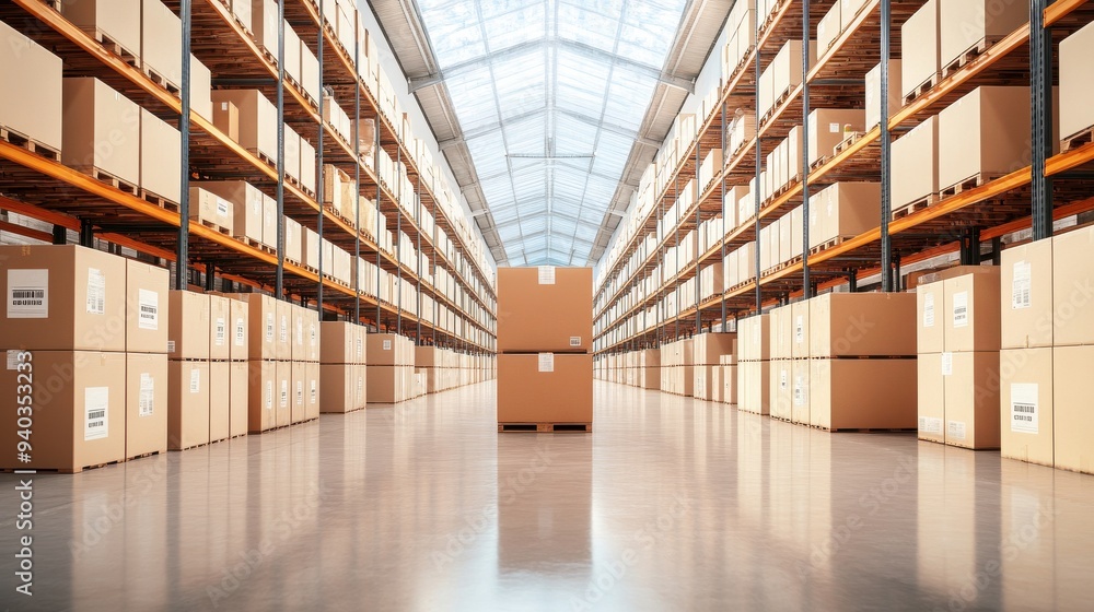 Poster a spacious warehouse filled with neatly stacked cardboard boxes, showcasing organized storage and ef