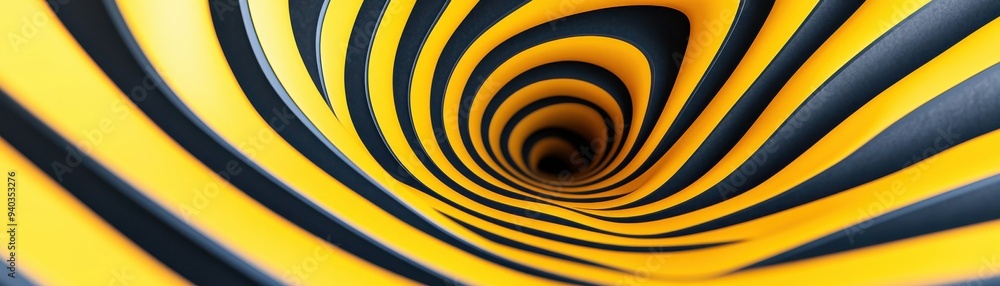 Poster a striking abstract image of swirling yellow and black patterns, creating a mesmerizing tunnel effec
