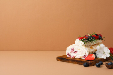 Meringue roll, concept of tasty and delicious food