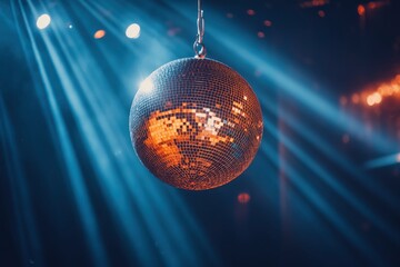 Obraz premium disco ball with mirror surface and bright rays, hanging on ceiling, night party background , ai