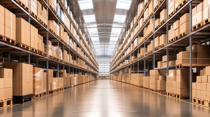 Fototapeta premium A spacious warehouse filled with neatly arranged cardboard boxes on pallets, showcasing an organized storage environment.