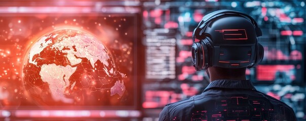 A futuristic scene of a person in headphones analyzing global data on digital screens, highlighting technology and connection.