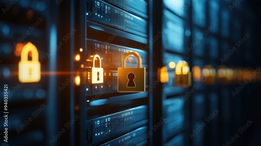 Poster illustration of secure data storage with digital locks on server towers, symbolizing cybersecurity a