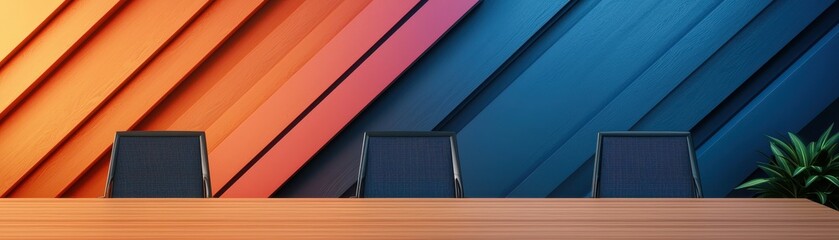 Obraz premium Modern conference room with stylish chairs and a vibrant wall featuring diagonal stripes in orange and blue tones.