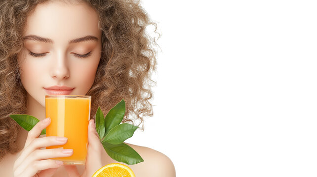 Beautiful Woman with Curly Hair Drinking Orange Juice