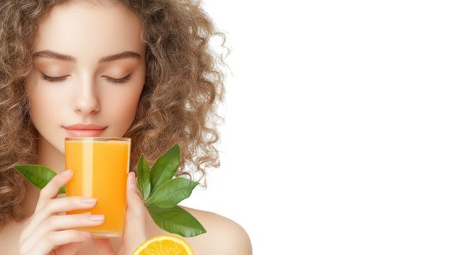 Beautiful Woman with Curly Hair Drinking Orange Juice - Powered by Adobe