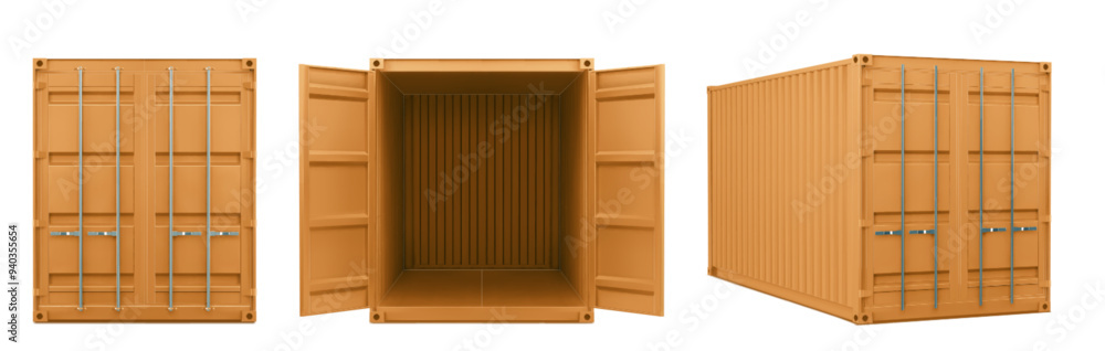 Poster realistic 3d orange container for cargo shipping. vector illustration set of closed and open empty l