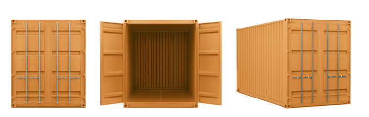 Realistic 3d orange container for cargo shipping. Vector illustration set of closed and open empty long industrial box for storage and shipment. Intermodal freight transport logistic package mockup.